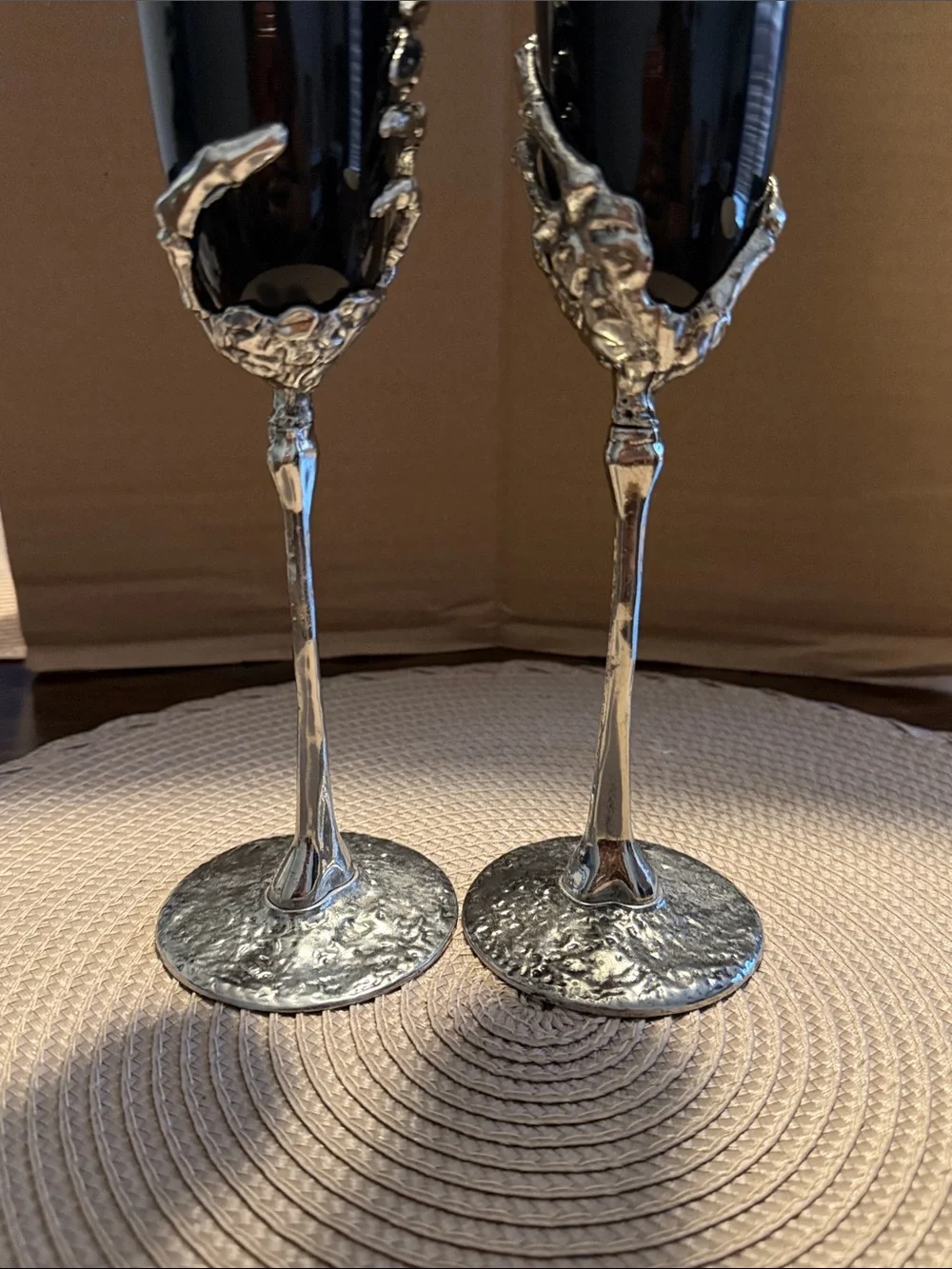 Black Wine Glassware Silver Metal Skeleton Hands Halloween Gothic HTF